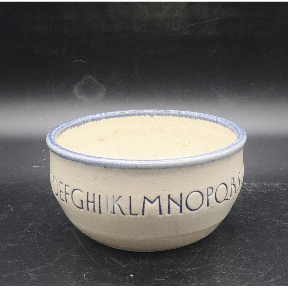 Handmade Art Pottery Ceramic Bowl Alphabet White Blue 5.25" Signed Vintage